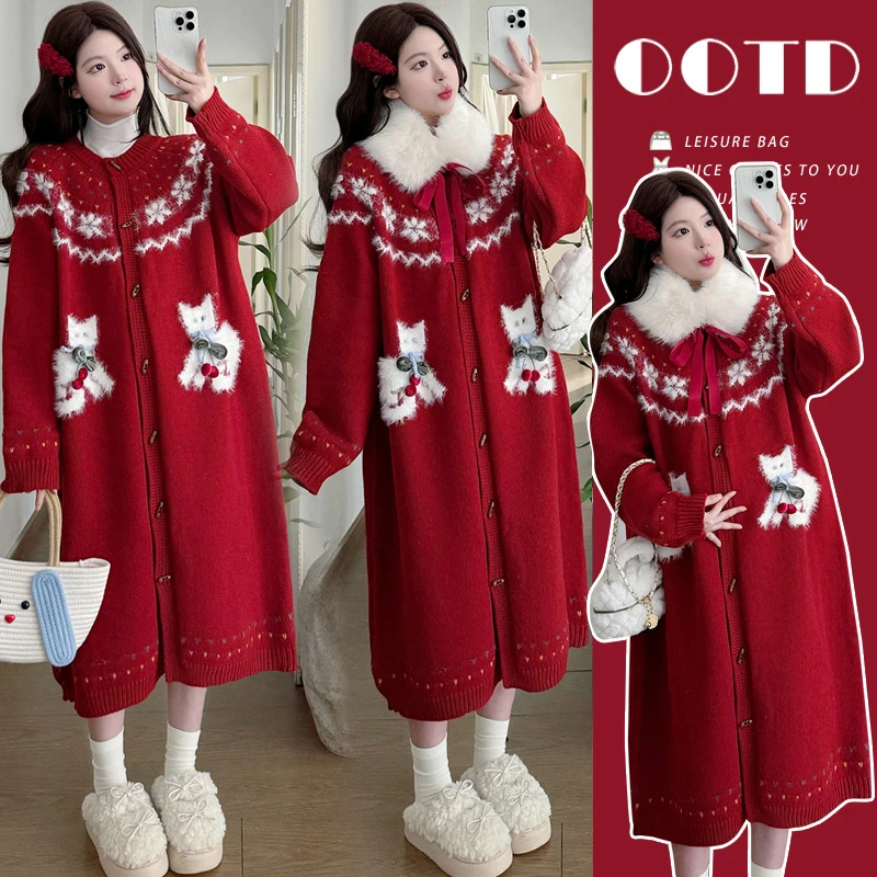加厚保暖圣诞雪花减龄长款外套+打底衫时尚两件套女秋冬孕妇套装