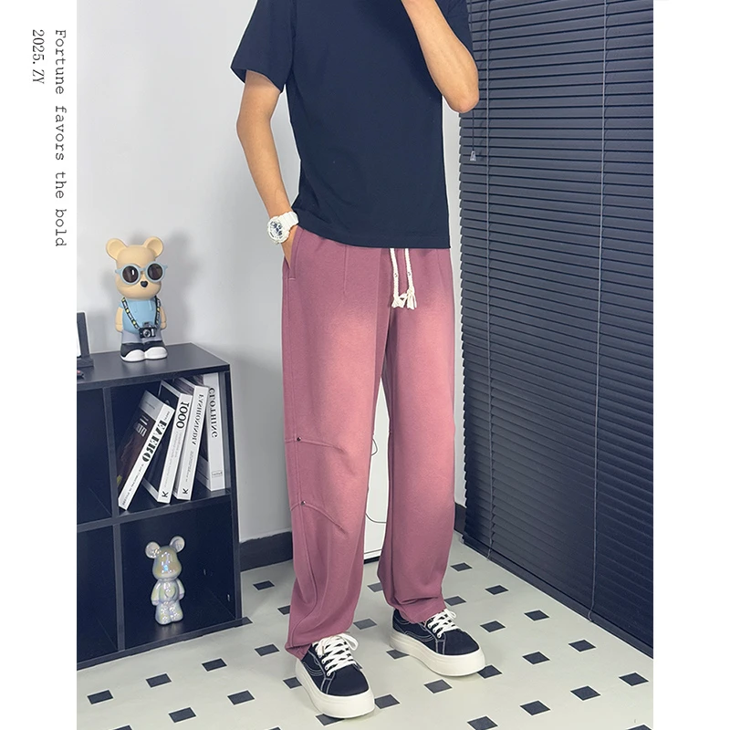 ZY.春夏新款男士褶皱宽松直筒裤潮牌美式阔腿长裤重磅垂感弯刀裤