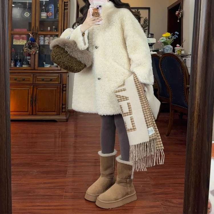 宽松洋气皮毛一体羊羔毛外套女冬中长款高级休闲白色气质毛绒大衣