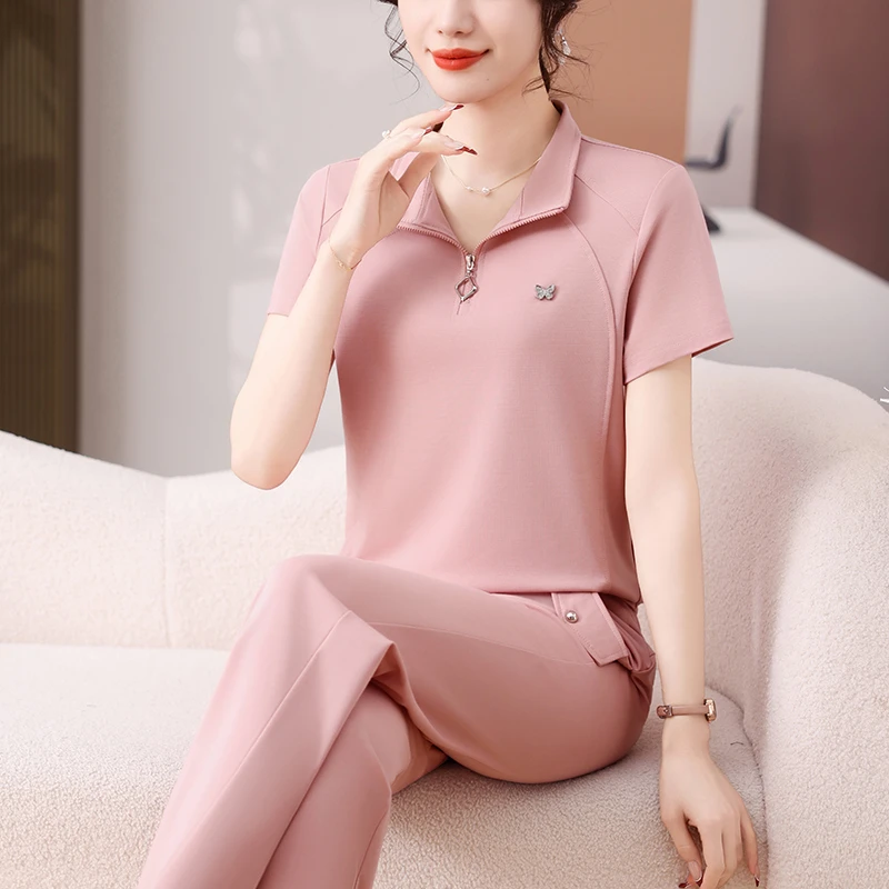 休闲运动套装女夏季显瘦时尚跑步polo衫短袖两件中年长裤大码女装
