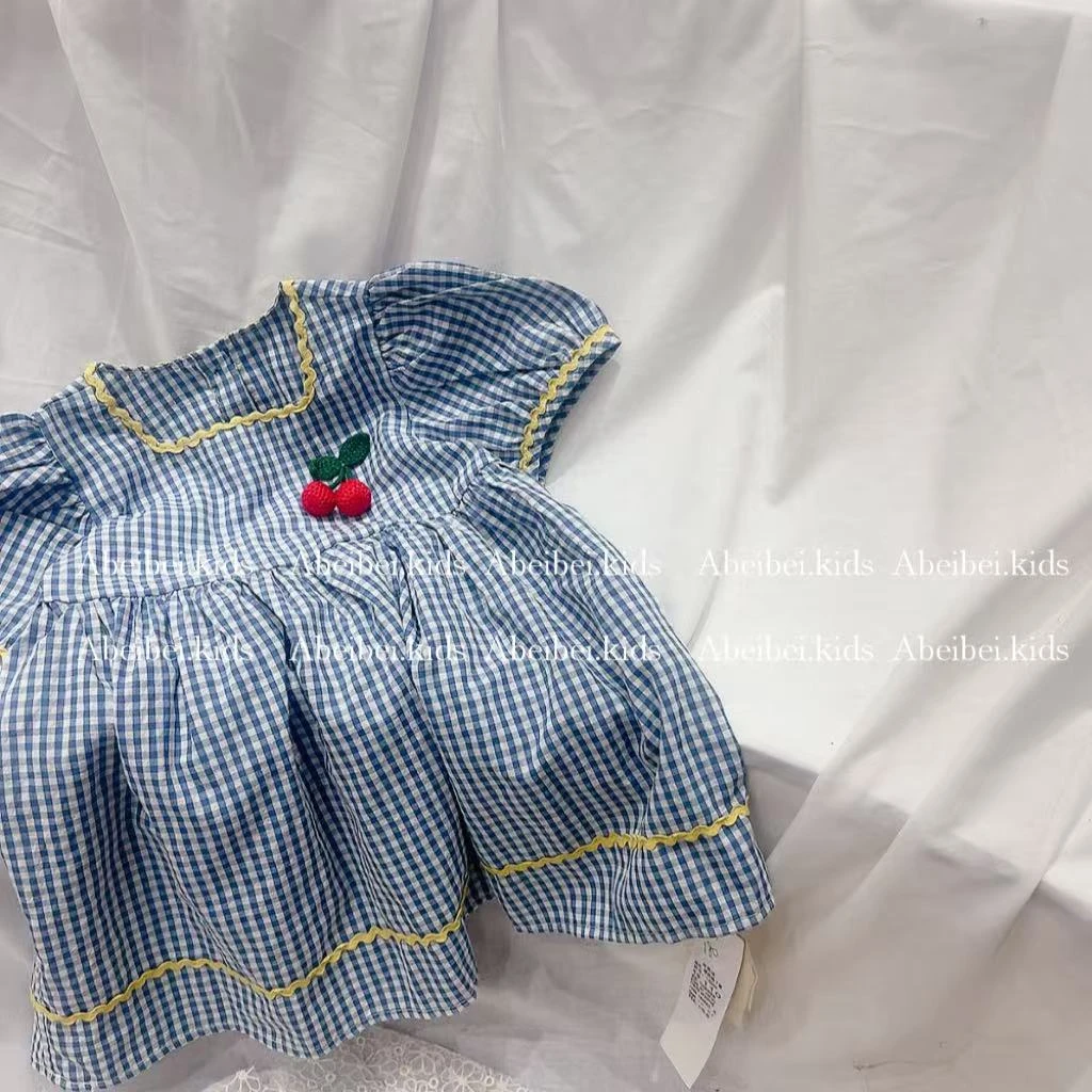 蓝色【甜久yumi蓝色格子樱桃裙】童装
