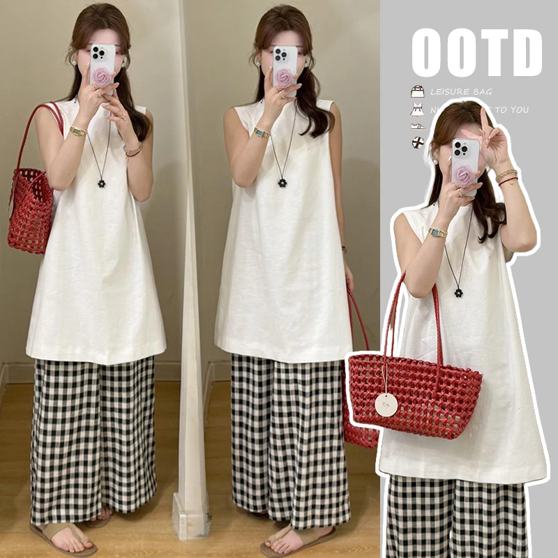 孕妇装夏装极简风舒适大码宽松无袖背心上衣格子抽绳裤子孕妇套装