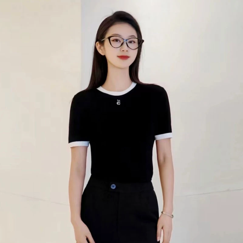 【商场同款】女装夏季新款休闲百搭圆领撞色拼接短袖针织T恤138012