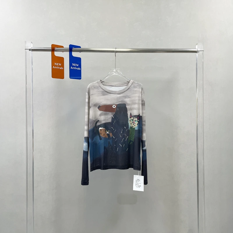 圆领涂鸦印花网纱长袖T恤女春夏款宽松防晒轻薄罩衫打底上衣6072