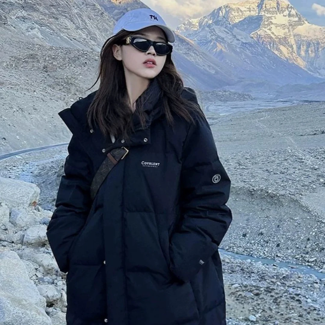 中戏大被子冬季新款加厚保暖羽绒服黑色中长款