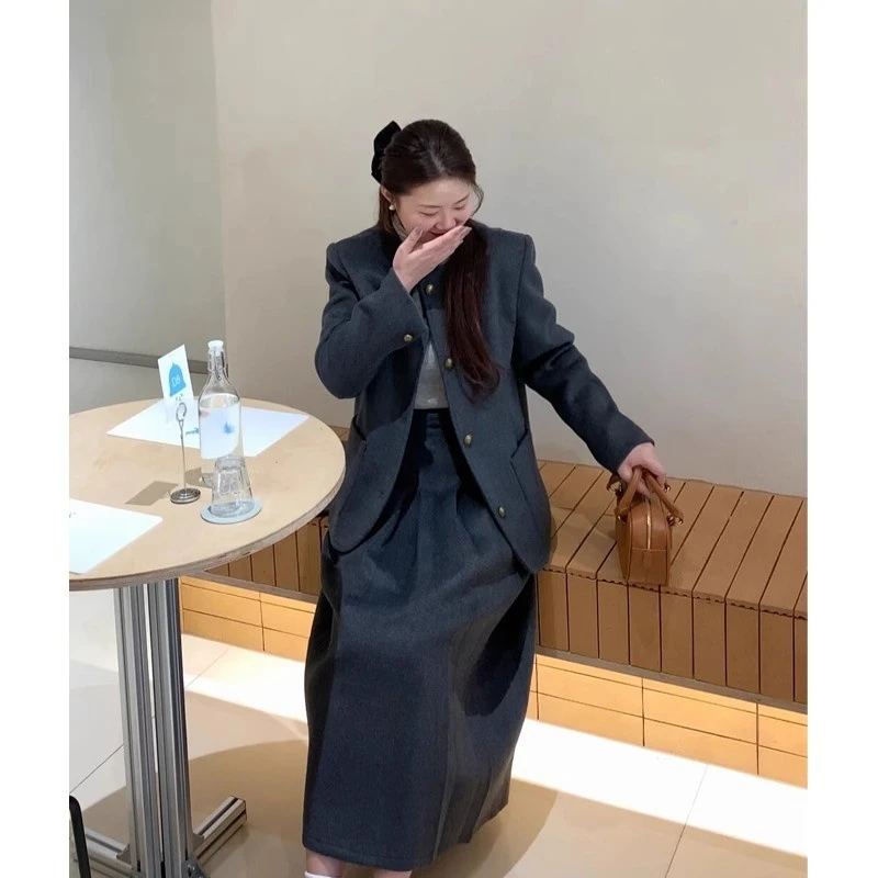 灰色韩版复古西装外套女2025秋冬季新款呢子长袖上衣半身裙两件套