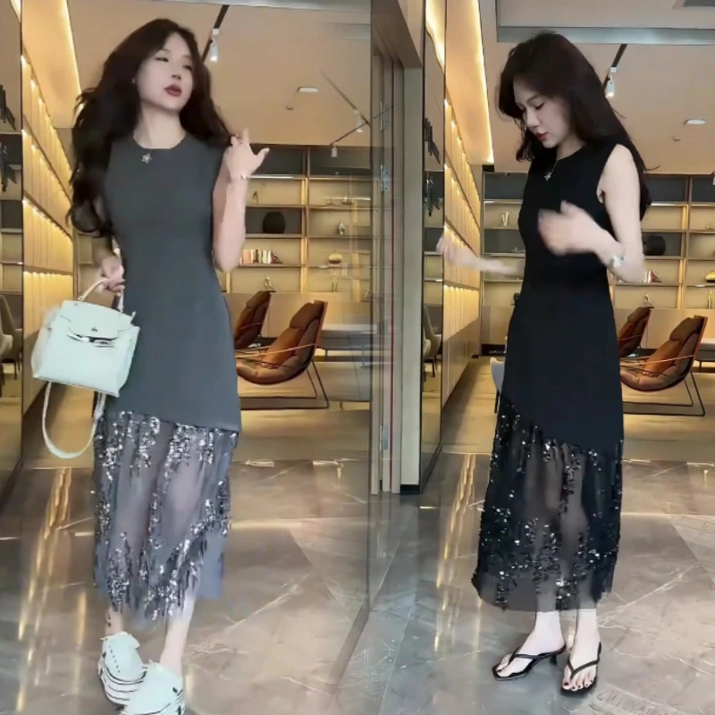 2025轻奢重工网纱亮片拼接连衣裙女夏季流行减龄显瘦无袖背心长裙