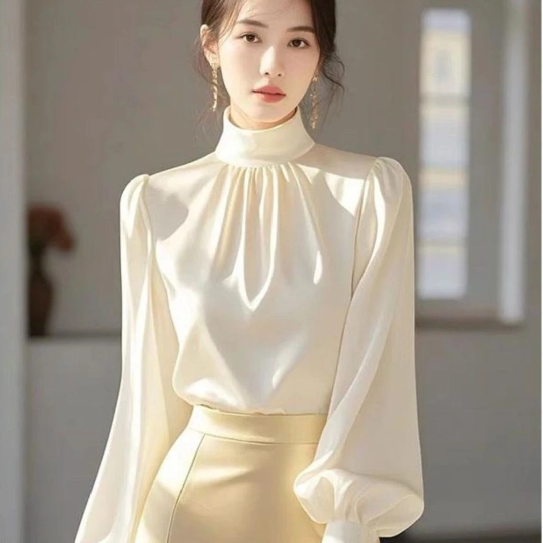 杏色高级感立领长袖衬衫女2025春季新款法式气质独特小衫漂亮上衣