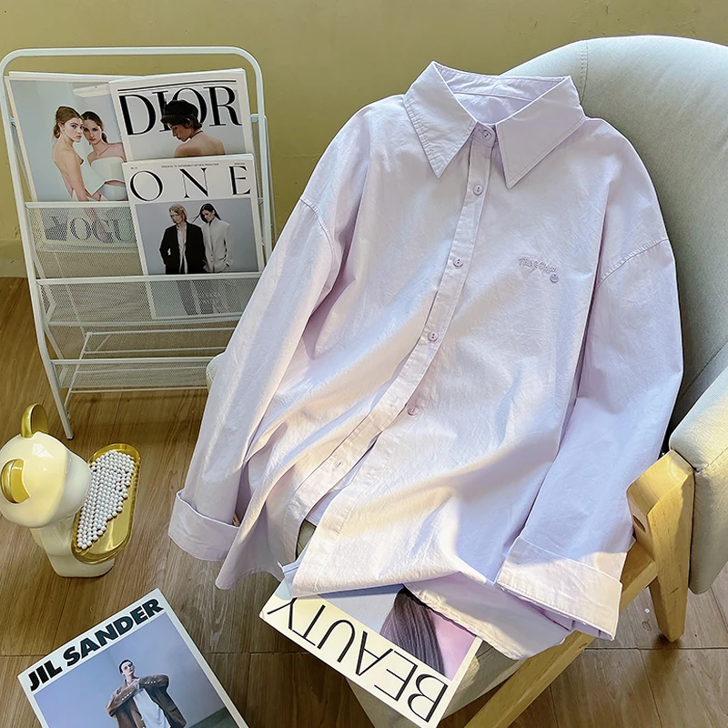 韩版百搭紫色衬衫外套女春秋款休闲显瘦衬衣中长款小众设计感上衣