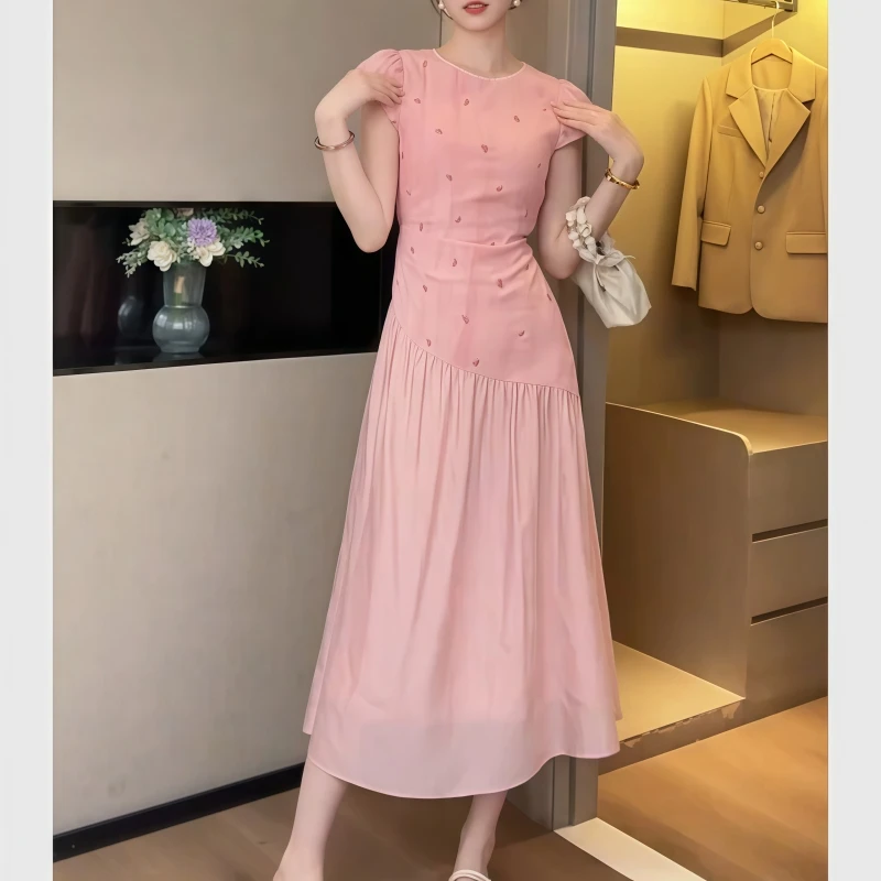 粉色茶歇法式假两件设计感连衣裙夏季2025新款收腰显瘦高级感长裙