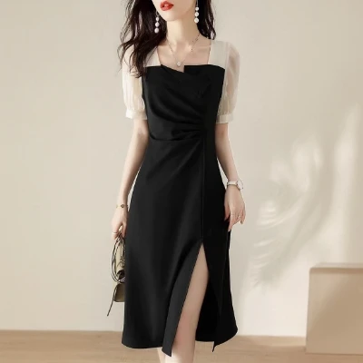 法式气质雪纺拼色短袖修身显瘦开叉夏季连衣裙