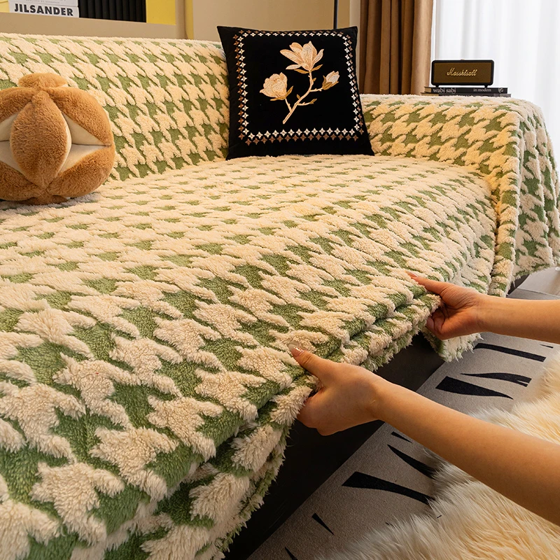 千鸟格沙发盖布巾ins风秋冬毛绒防滑沙发套罩全包新款沙发毯全盖