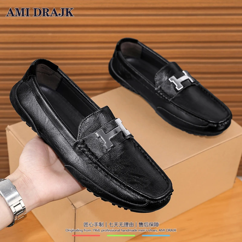 AMI DRAJK2025夏季新款男士豆豆鞋真皮英伦透气懒人乐福鞋驾车软