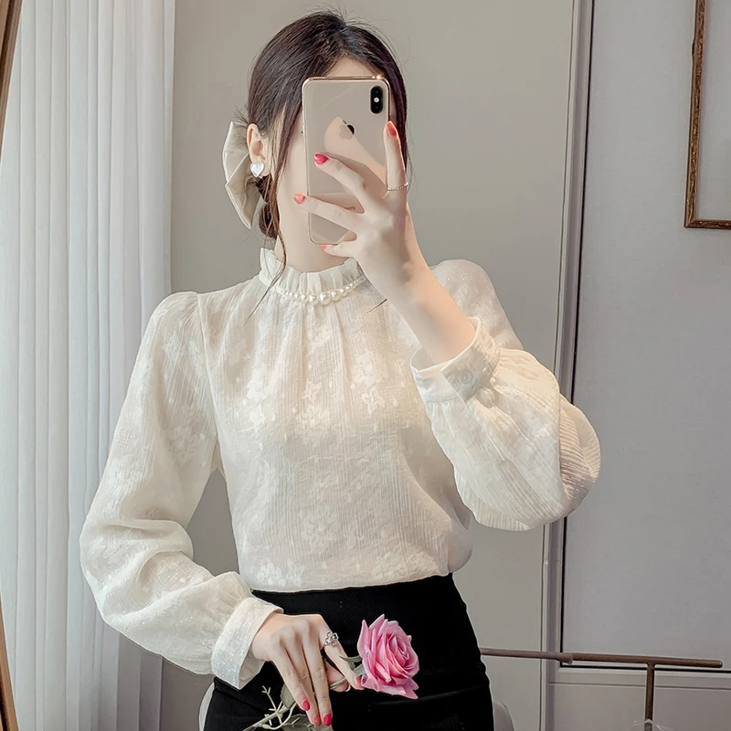 2025新款法式半高领木耳边钉珠衬衫洋气蕾丝小衫上衣时尚长袖白色