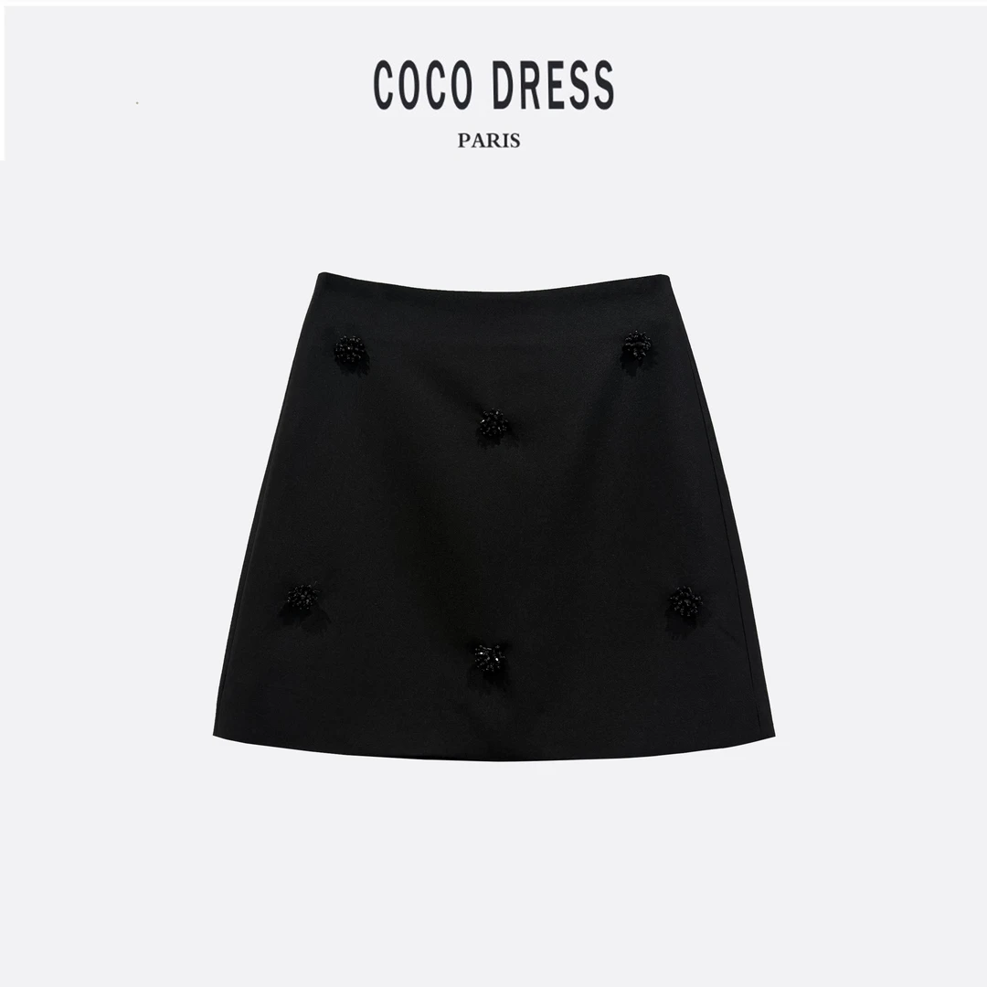 立体手工钉珠简约黑色时尚百搭高腰A字半身裙（安全裤内衬）