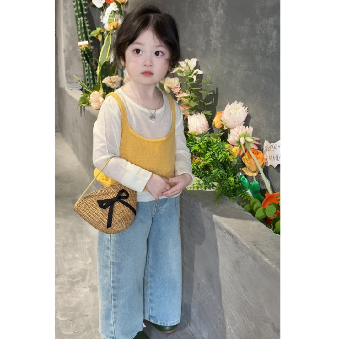 女童早春新款韩版女宝宝洋气休闲针织马甲T恤中小童长裤三件套ZM