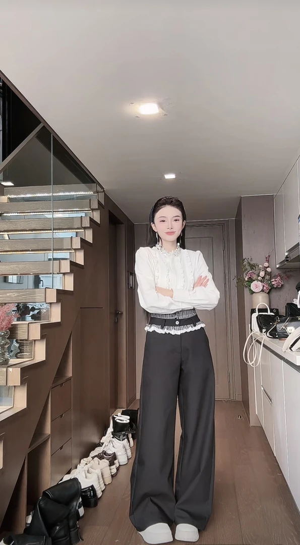 【磊磊分享】秋冬上新双腰头格纹拼接花边宽松休闲长裤