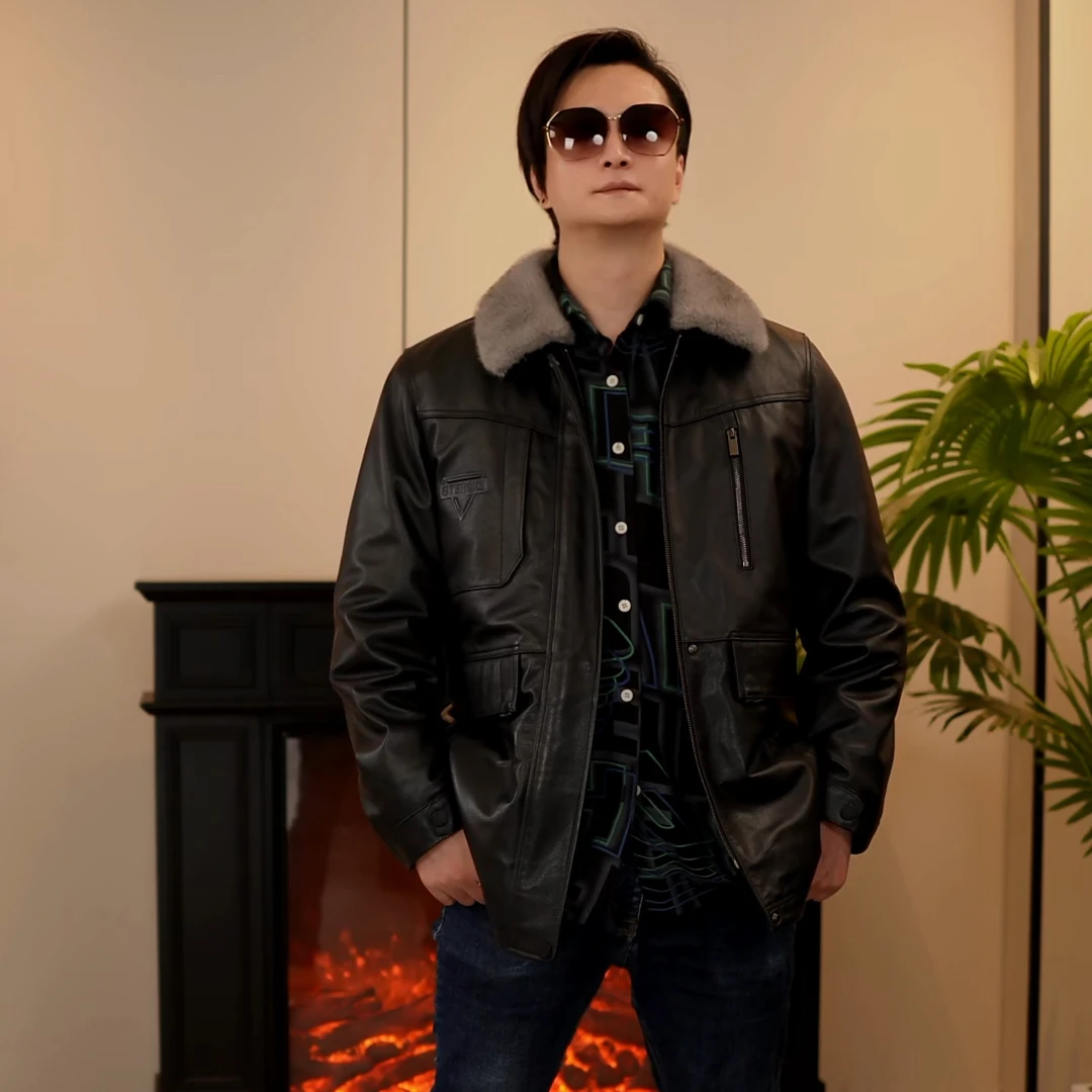 海宁男士皮衣头层牛皮厚款皮衣男士真皮猎装夹克加绒直下摆 25079
