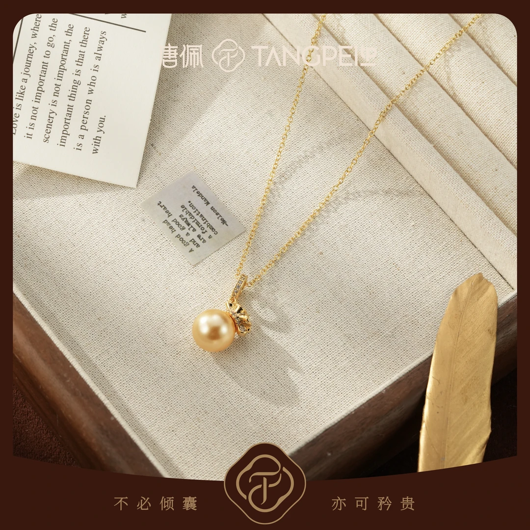 铜合金合成锆石项链 设计感单颗香槟金色大珠珠项链简约时尚饰品