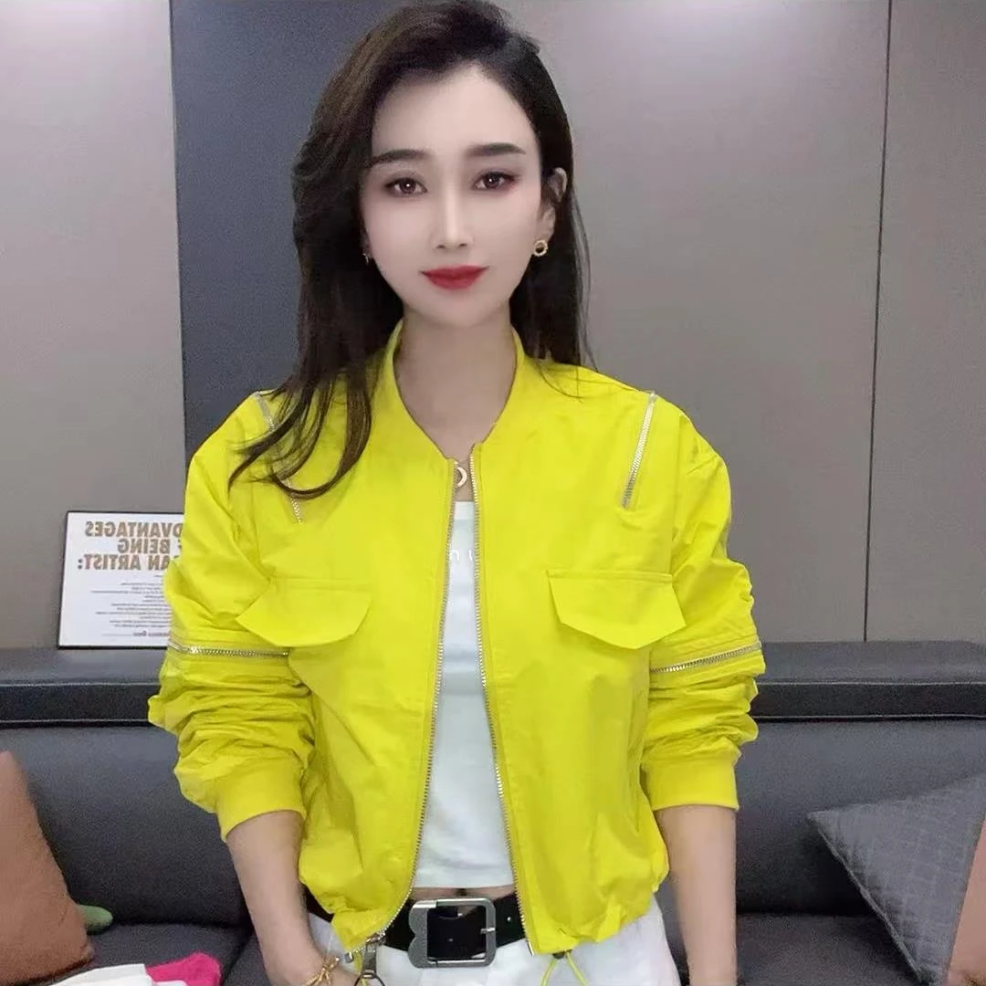 小个子夹克外套女潮款长袖立领双肩拉链设计时尚宽松短款棒球服