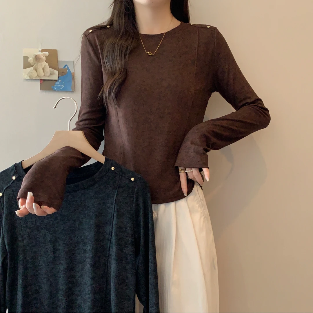 大码女装2025秋冬新款百搭时尚显瘦设计感圆领长袖上衣2270