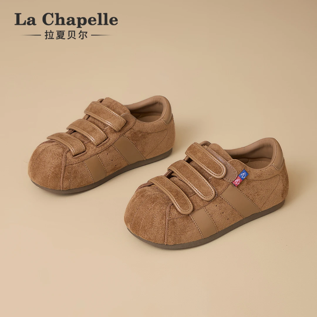 拉夏贝尔时尚牛纤绒德训鞋女大头个性魔术贴内增高运动透气休闲鞋