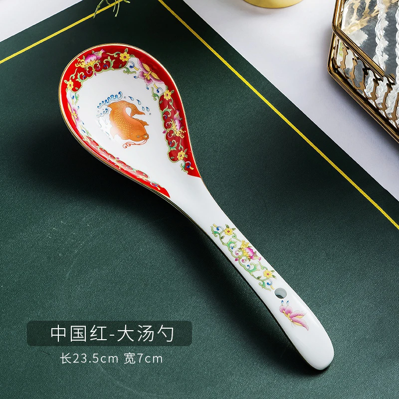 【蝶恋花高白瓷描金大汤勺】景德镇珐琅彩白瓷汤匙家用中式调羹