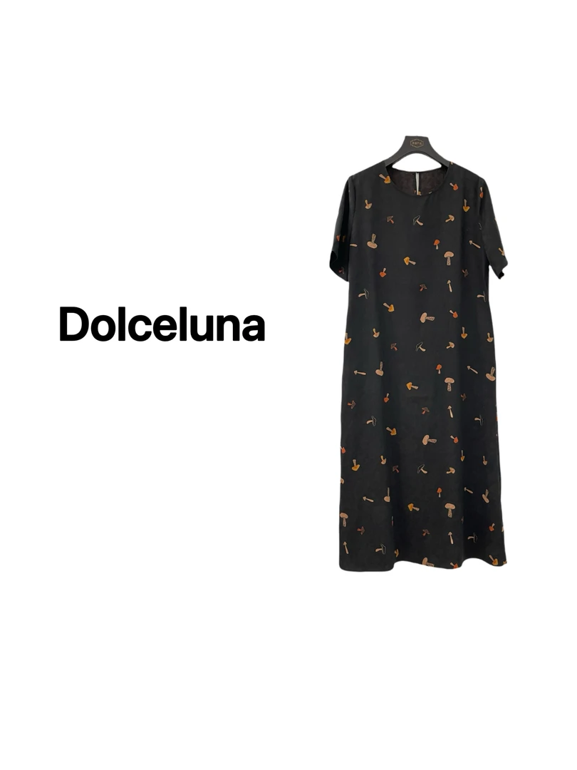 【月姐严选】夏季100真丝香云纱蘑菇印花短袖气质女装连衣裙-17100