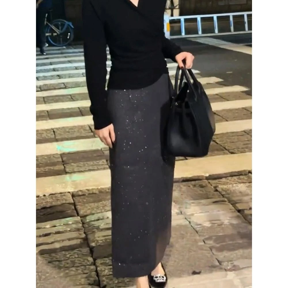 法式气质毛呢亮片中长款半身裙女2024秋冬新款高腰显瘦包臀直筒裙
