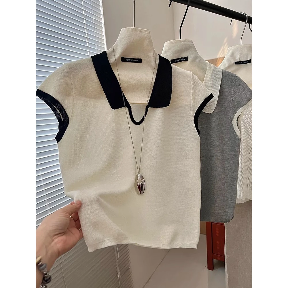 撞色翻领针织上衣女夏季短袖薄款宽松 法式气质polo衫拼色简约t恤