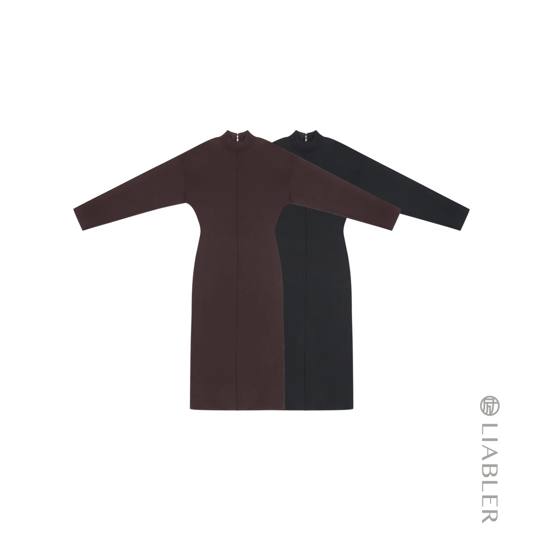 LIABLER/励 D25秋冬气质立领收腰花苞摆长袖连衣裙 LAW25659D