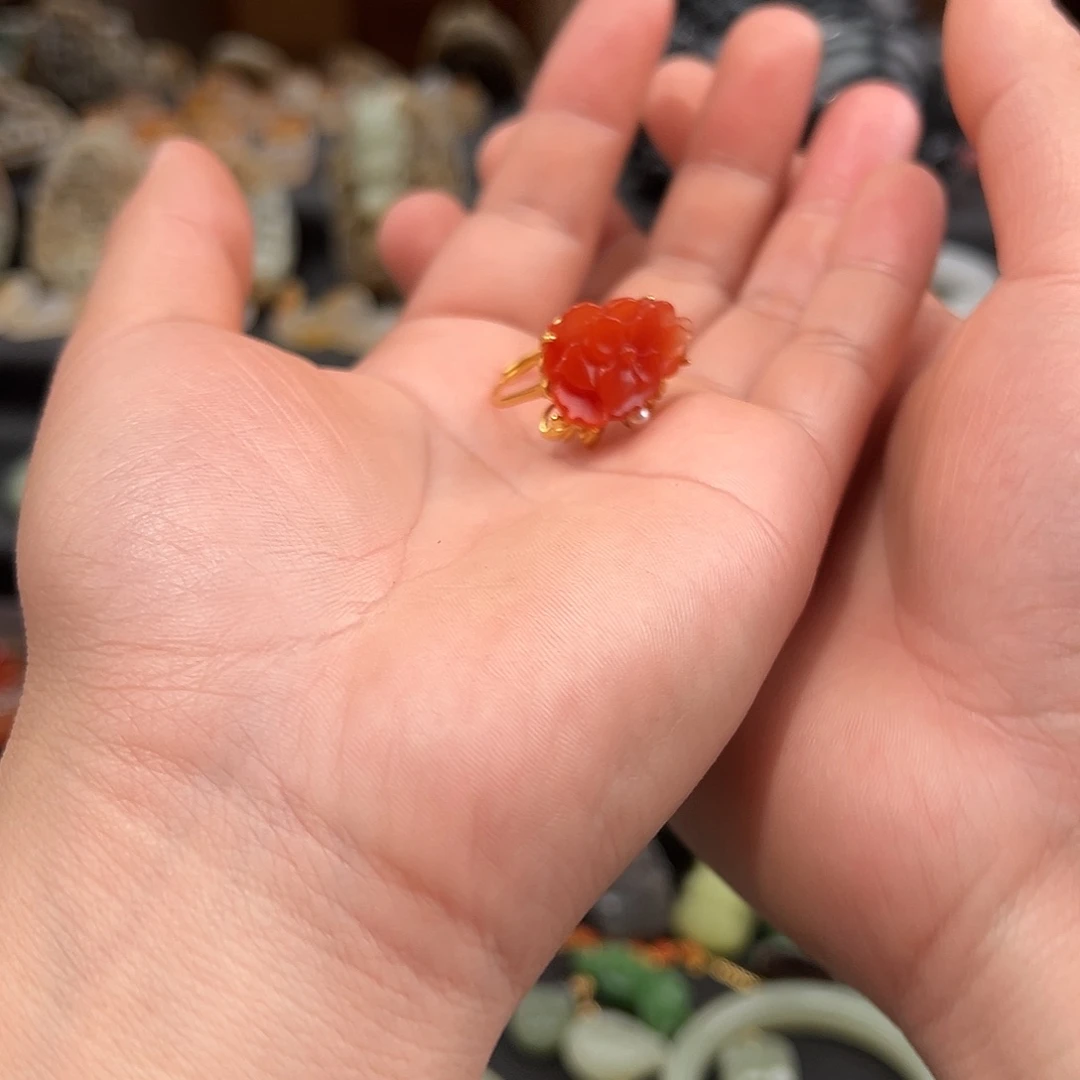 南红玛瑙银S925镀金镶嵌戒指