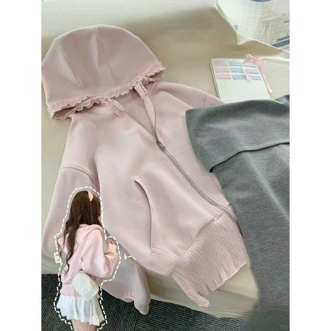 CKKOR韩版时尚花边连帽卫衣女秋冬新款设计感刺绣开衫外套上衣服