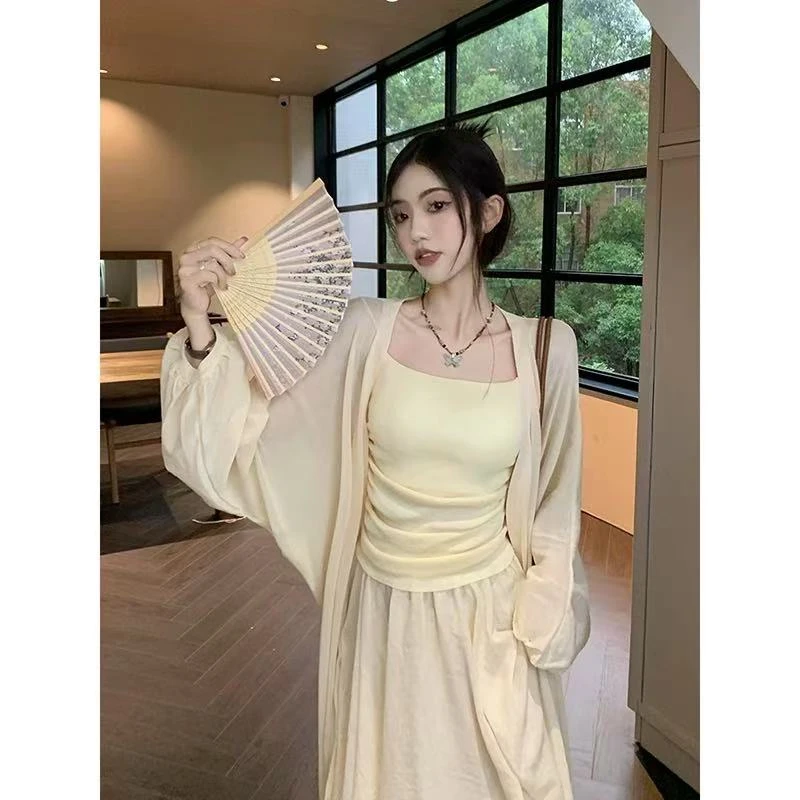 长款防晒开衫抽褶吊带背心中长款仙女半身裙春季2025新款时尚套装