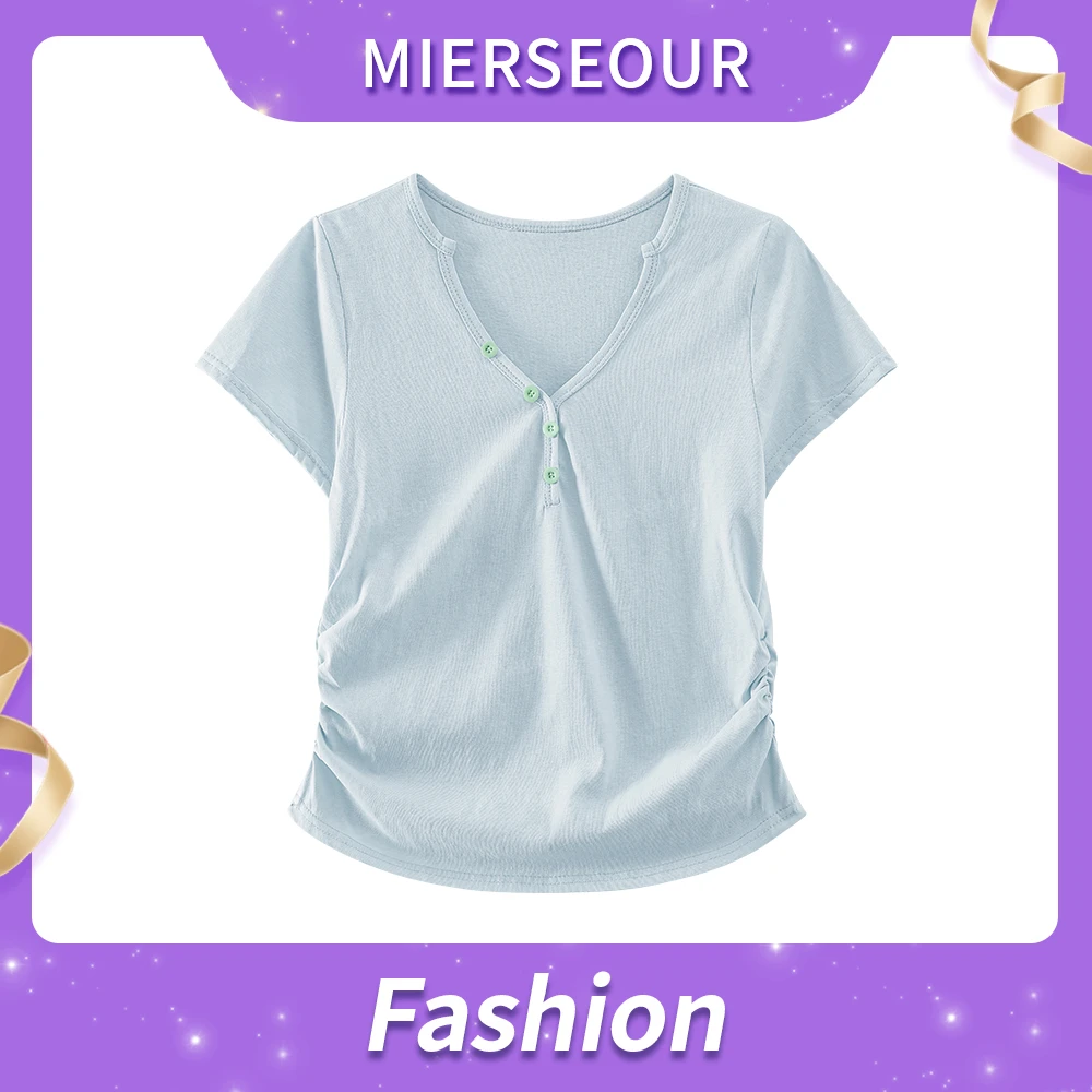 【工厂店】设计感束腰V领纯色短袖女上衣显瘦百搭时尚T恤打底衫7781