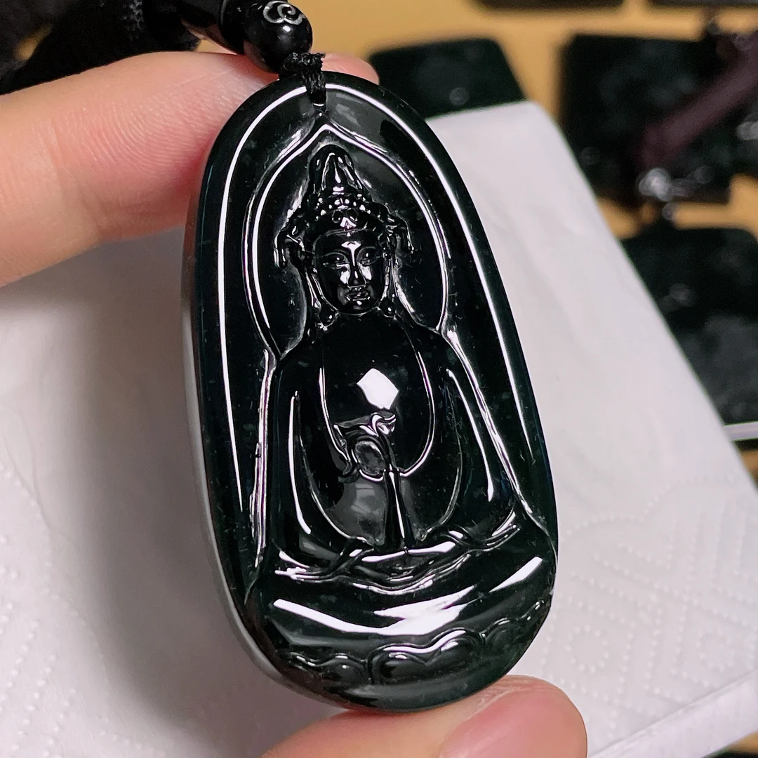 天然翡翠a货 墨翠素衣观音牌