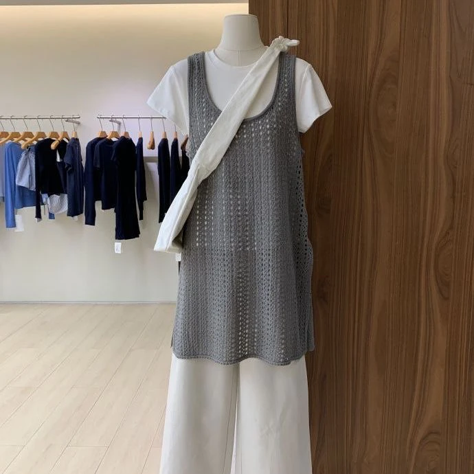 镂空丹宁风纯色慵懒风女毛针织衫时尚气质格子小香风夏季网红