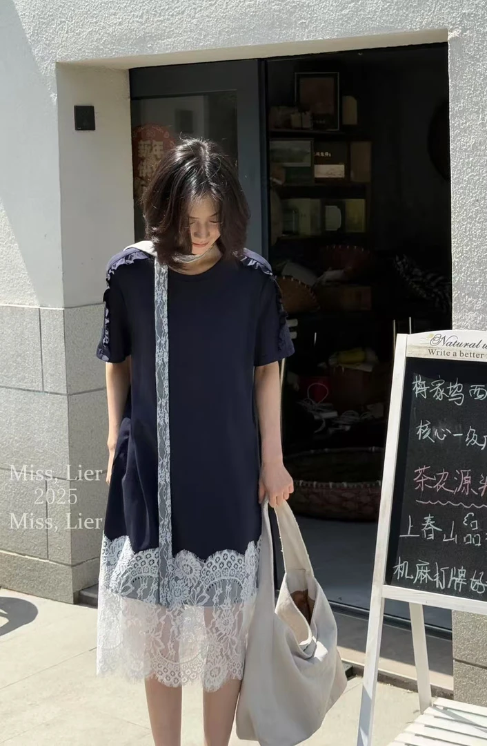 27805韩代高货拼蕾丝荷叶边连衣裙R1193  裙长108