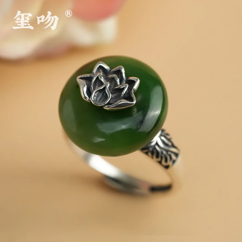 【玺吻】s925银 好事莲莲 天然和田玉老坑碧玉莲花戒指