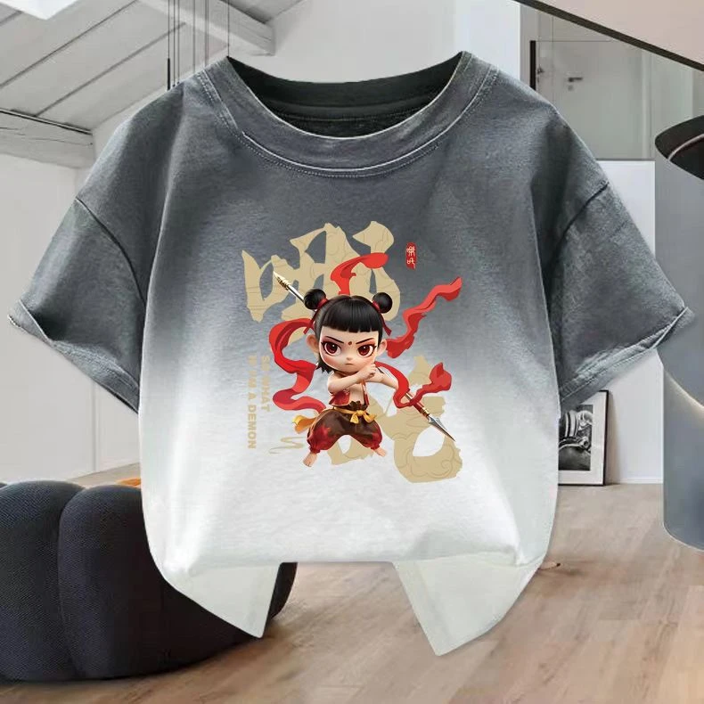 纯棉儿童百搭T恤网红夏季宽松潮流哪吒印花帅气时尚男宝女宝半袖