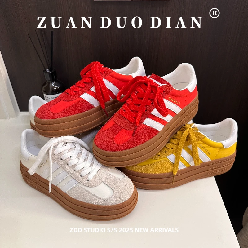 5CM 跟厚底复古德训鞋女2025春夏季新款真皮增高百搭运动休闲板鞋