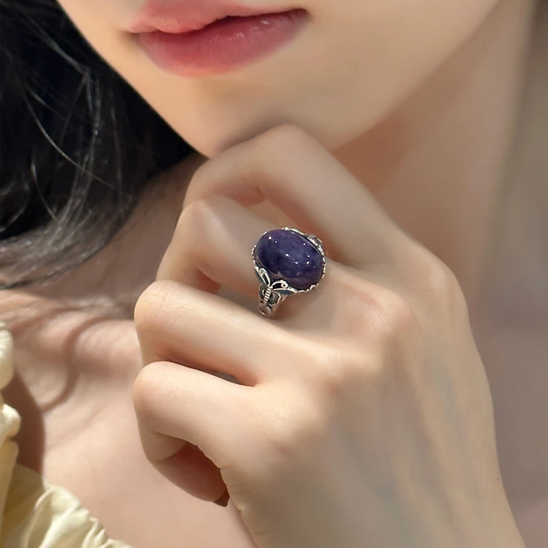 J13055<非晚>S925银紫龙石珐琅彩滴釉蝴蝶戒指复古活口戒多样性