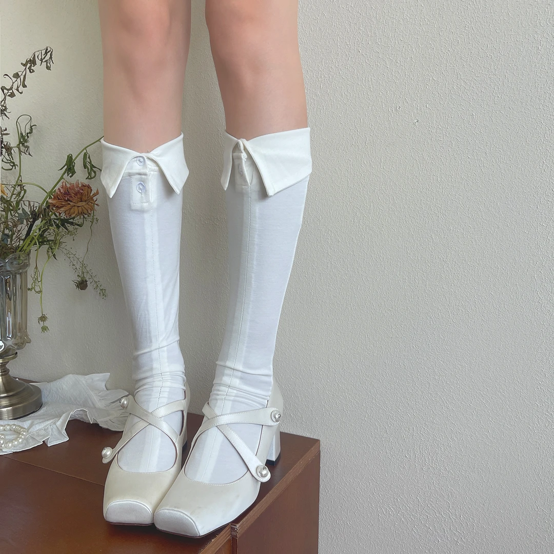 袜贵人新品日式小众时髦衬衫翻领纽扣杂志款复古少女中筒堆堆袜女