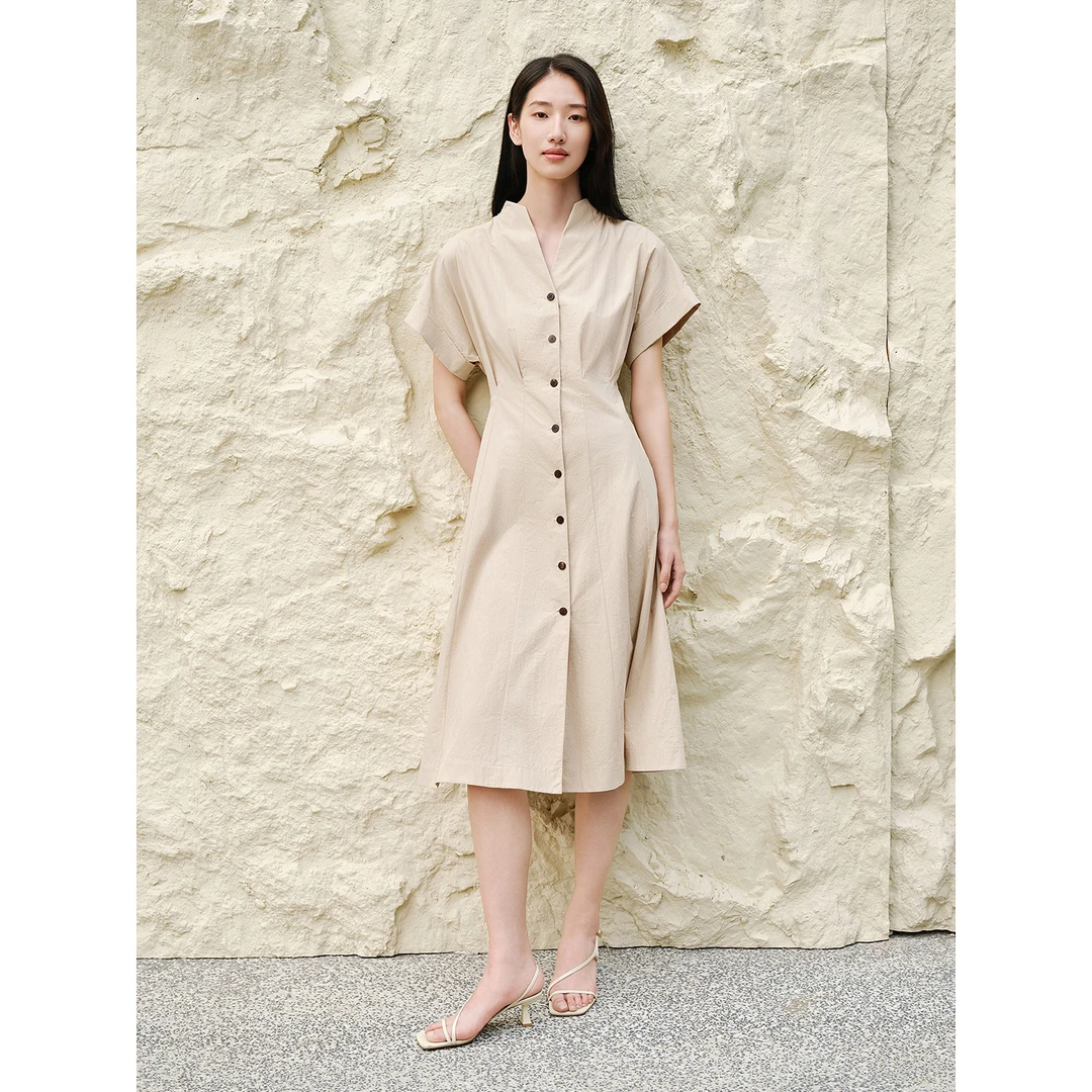 INSUN恩裳专选2025夏季立领连袖纯棉收腰连衣裙9C65205820