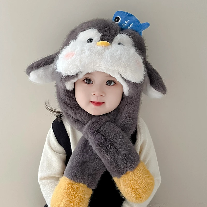 宝宝帽子冬季会动的企鹅毛绒加厚男女童婴儿一体儿童护耳保暖秋冬