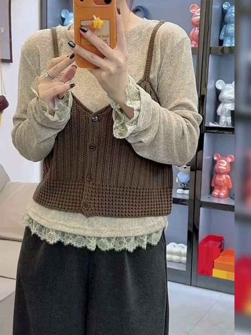 复古修身显瘦长袖打底衫针织吊带背心两件套2025秋季新款韩系穿搭