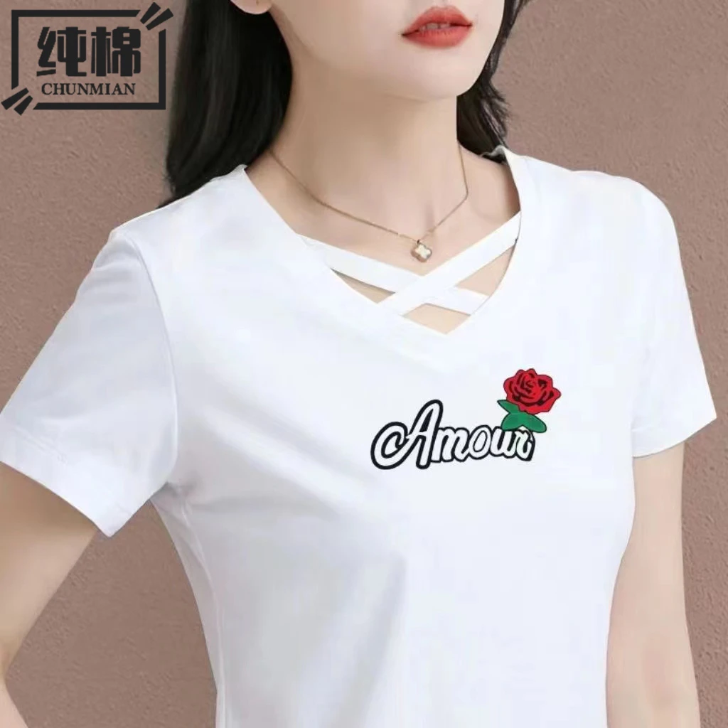 时尚上衣夏季体恤新款宽松显瘦休闲遮肚子T恤纯棉女士v领镂空短袖