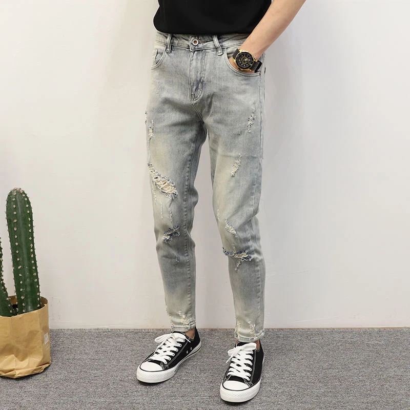 新款牛仔裤修身男秋冬破洞裤子百搭休闲阔腿小脚男裤弹力水洗复古
