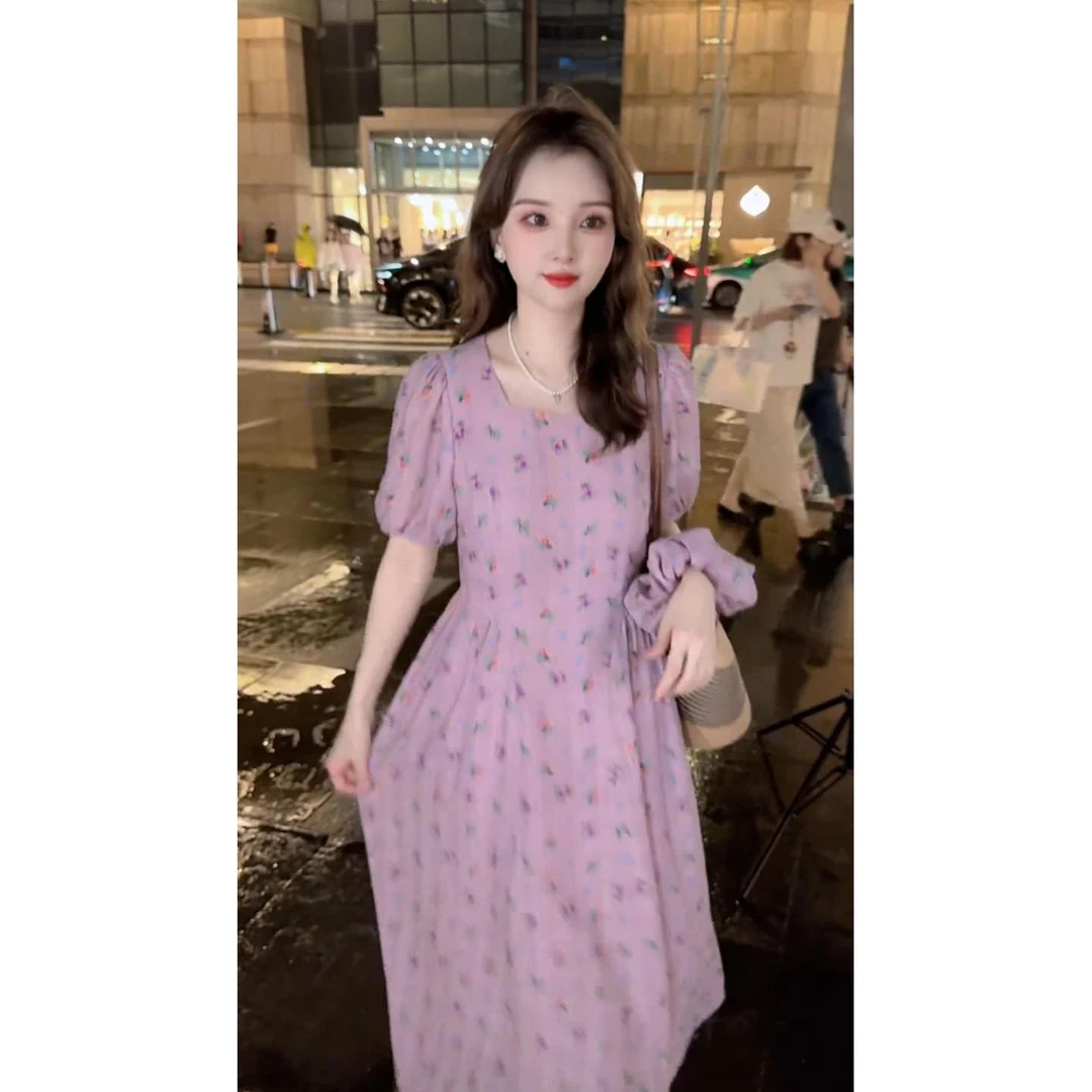 莫奈花园温柔风气质紫色方领短袖连衣裙女夏季新款收腰显瘦裙子