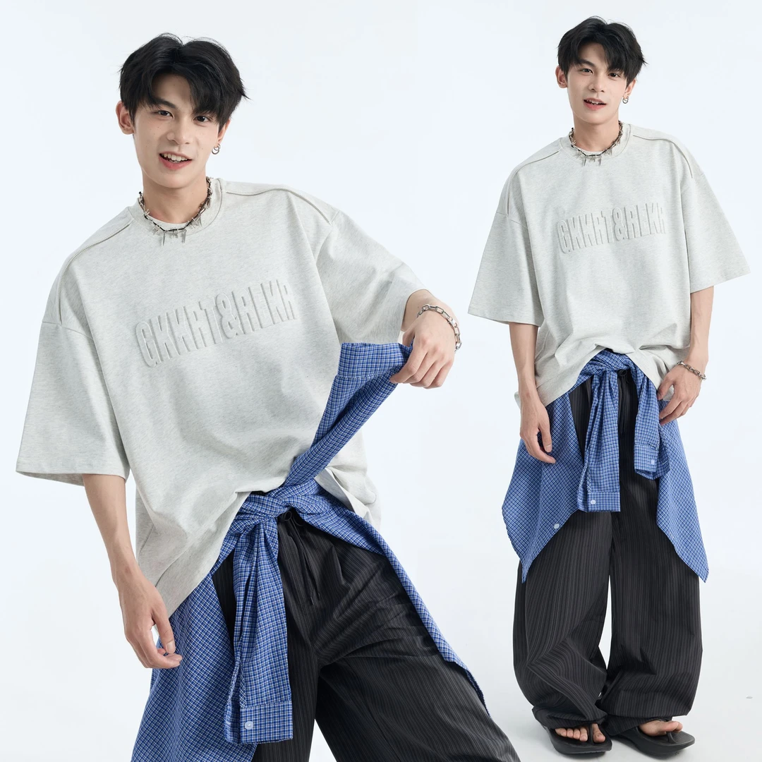 夏季钢印工艺短袖T恤男潮牌高街美式重磅320g五分袖上衣潮流百搭